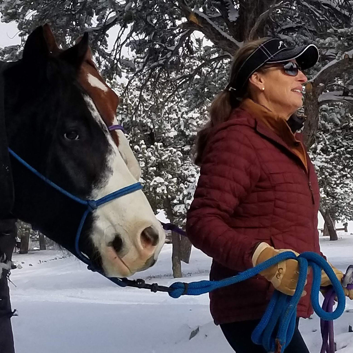 Julie Goodnight leads two horses on a snowy day