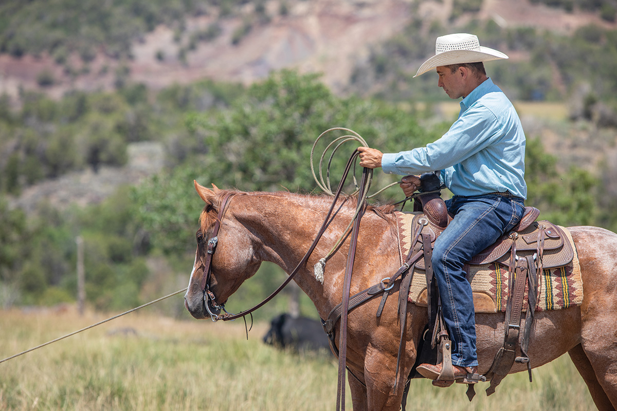 A trainer loops the rope around his saddle horn