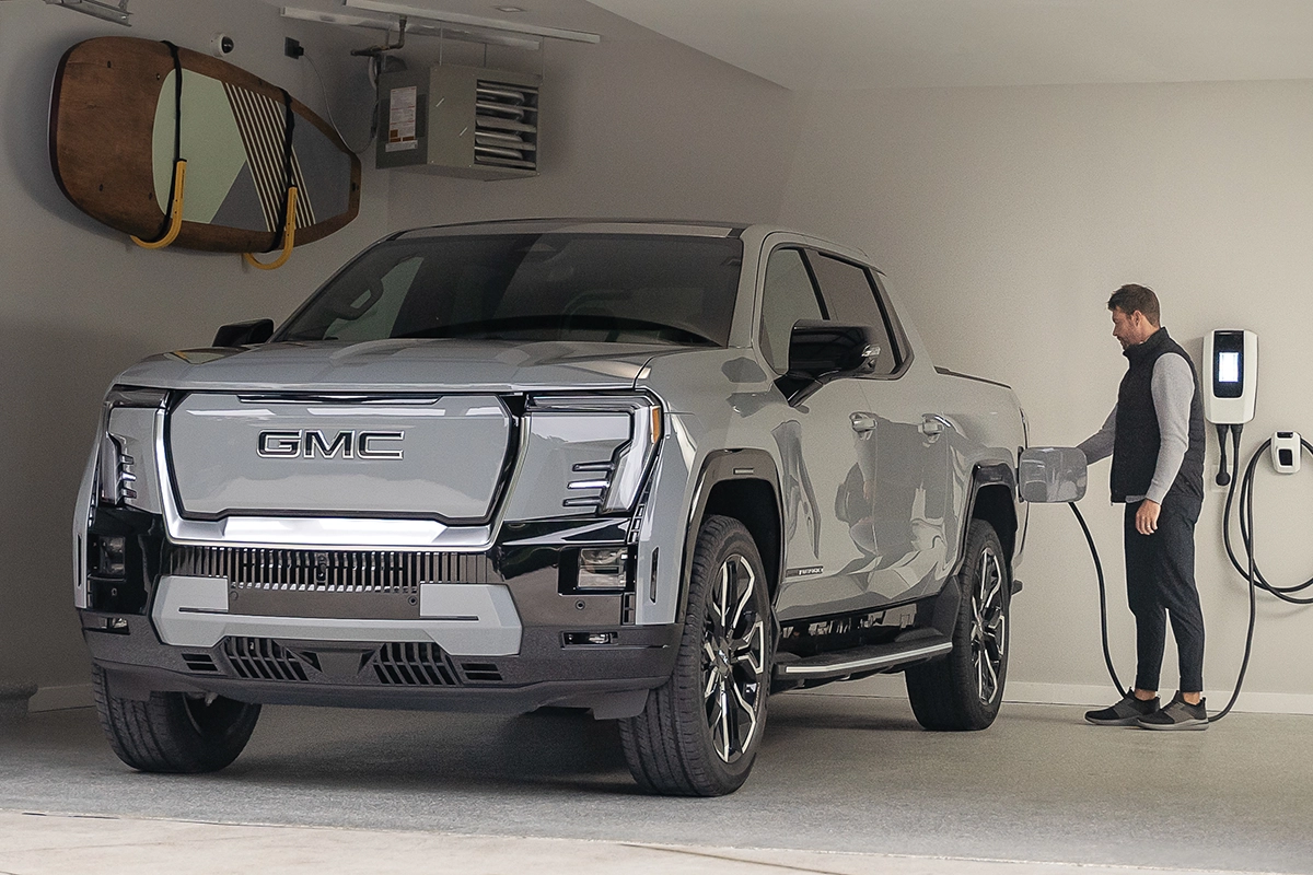 An electric truck in a garage.