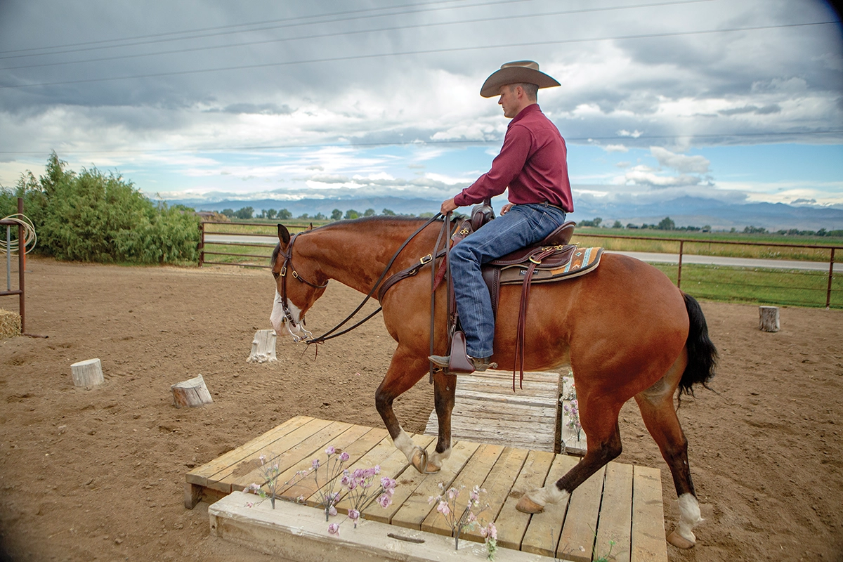 The ranch horse step across the bridge obstacle for trail class practice.
