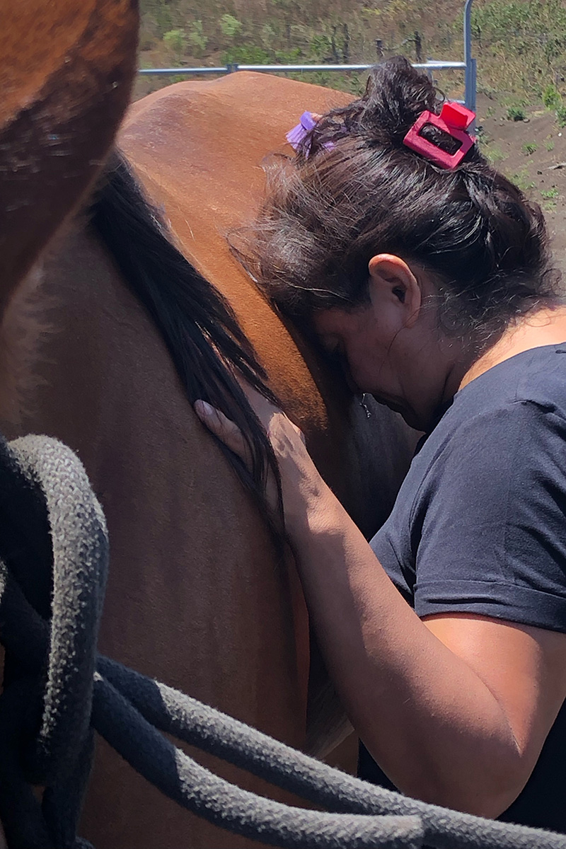 A victim of the Maui wildfires participating in equine assisted therapy at Spirit Horse Ranch