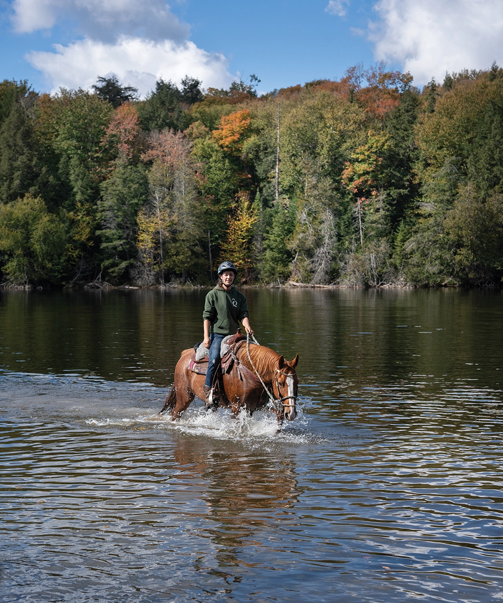 A horse carrying its rider through the lake.