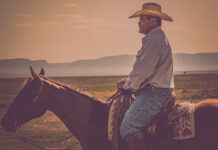 A cowboy overlooks a ranch with a mountain backdrop