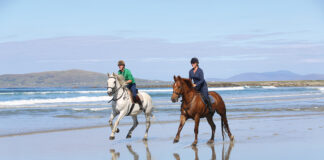 Horseback riding on a beach in Ireland on holiday.