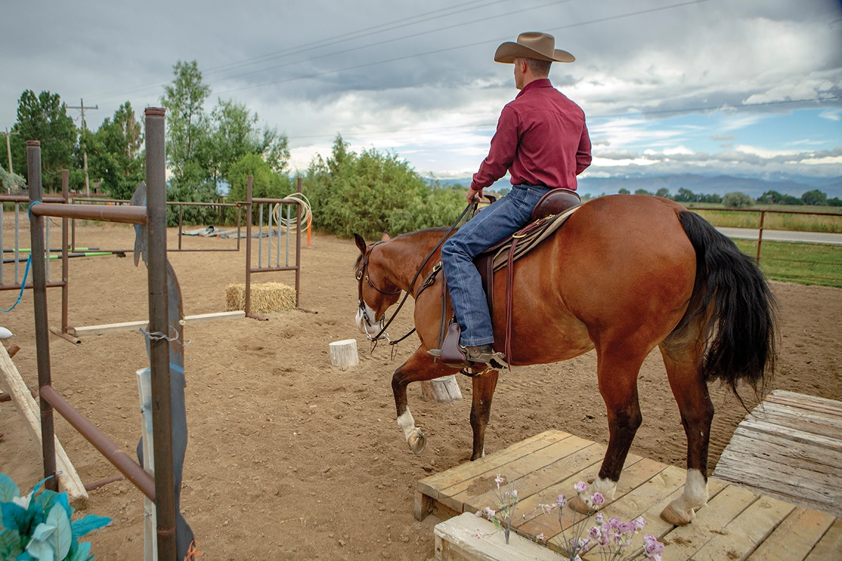 The horse-and-rider team step off the obstacle.