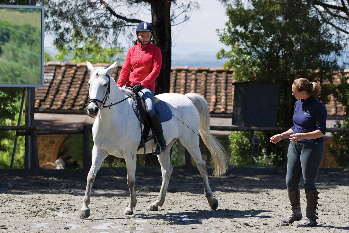 An equestrian getting a lesson on a gray horse.
