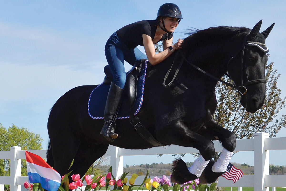 A girl jumps a large black horse