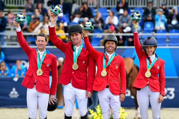 The USA show jumping team celebrating team gold at the 2023 Pan American Games