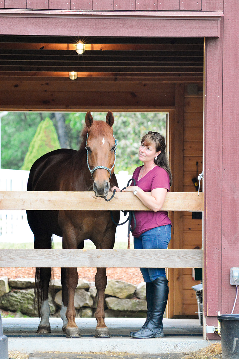 An equestrian holds her horse near open-air boards in the barn