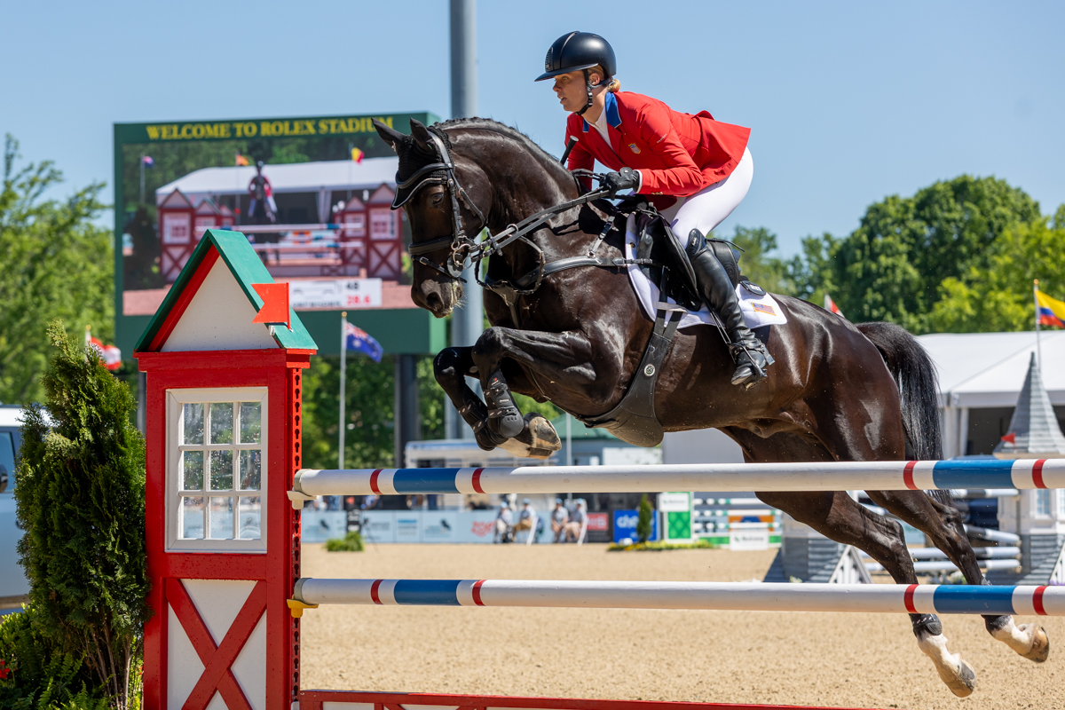 Caroline Pamukcu and HSH Blake jumping at the 2026 Defender Kentucky Three-Day Event.