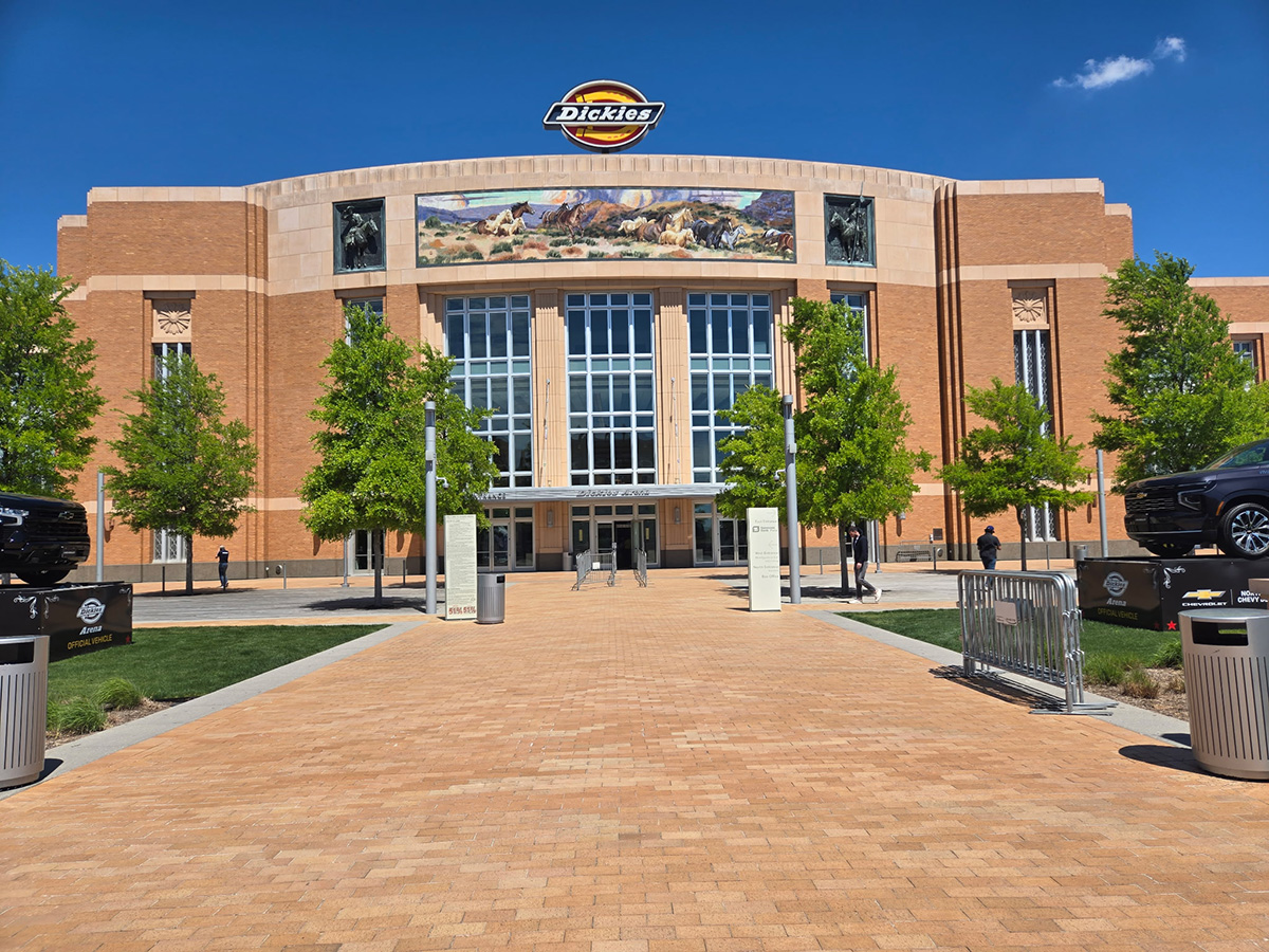 The south entrance of Dickies Arena in Fort Worth, Texas, home of the 2026 FEI World Cup Finals.