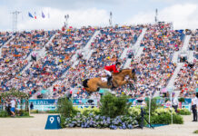 McLain Ward (USA) and Ilex sail over a jump before a large crowd