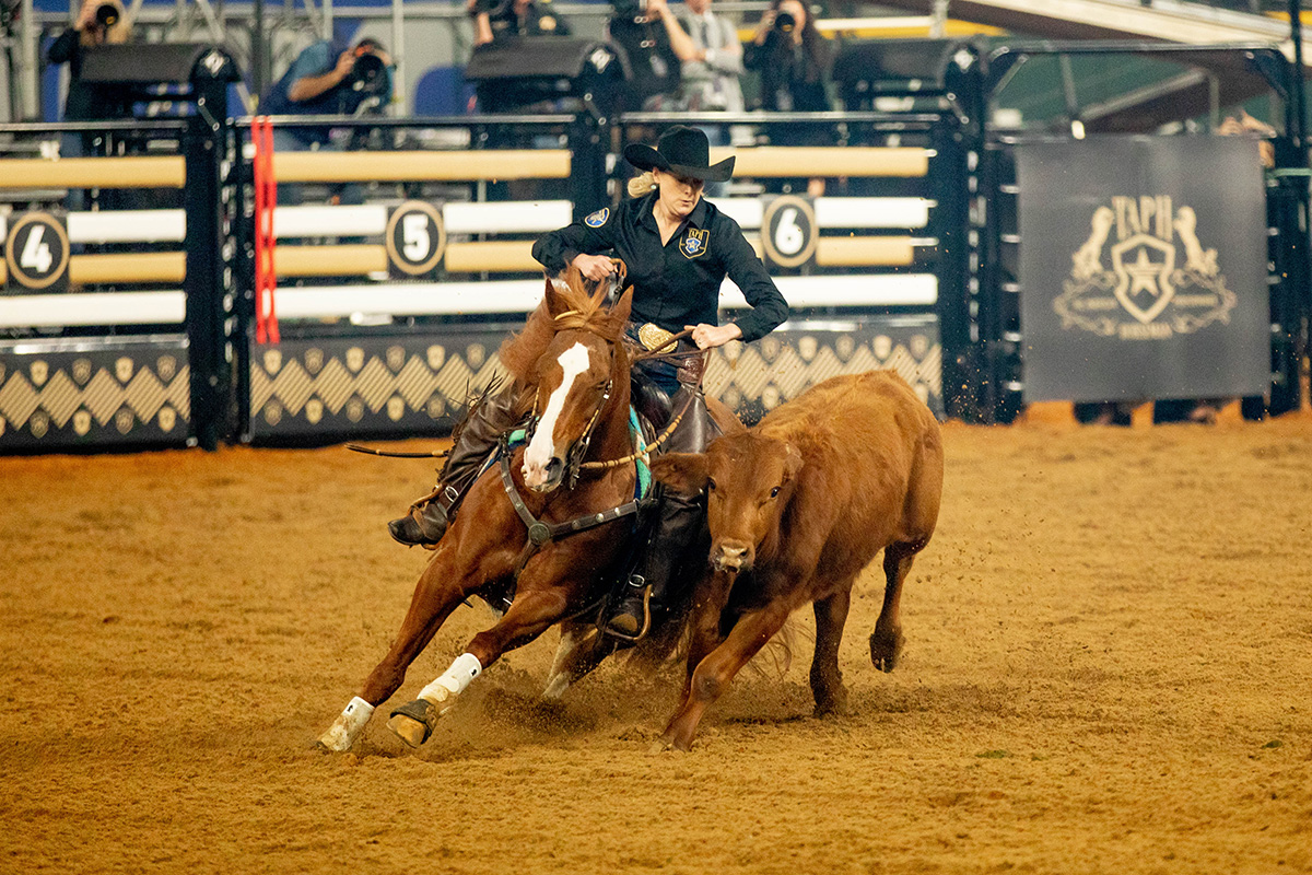Sarah Dawson and Shine Smarter win the reined cow horse at The American Performance Horseman