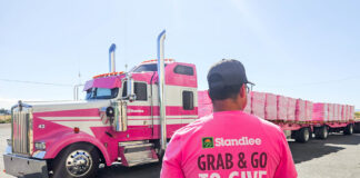 A pink truck and "Grab & Go to Give" T-shirt.