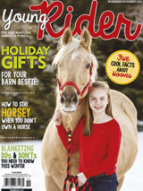 Young Rider November/December 2022 cover of young equestrian with her horse in the snow.