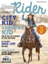 Young Rider January/February 2023 cover shows young breakaway roper on her horse.