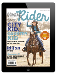 Young Rider January/February 2023 cover shows young breakaway roper on her horse.