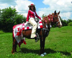 Horse and rider in competition garb.