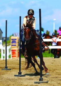 Horse and rider going through obstacle.