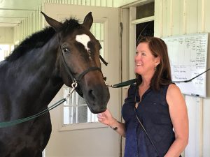 Woman standing with horse tethered in barn.