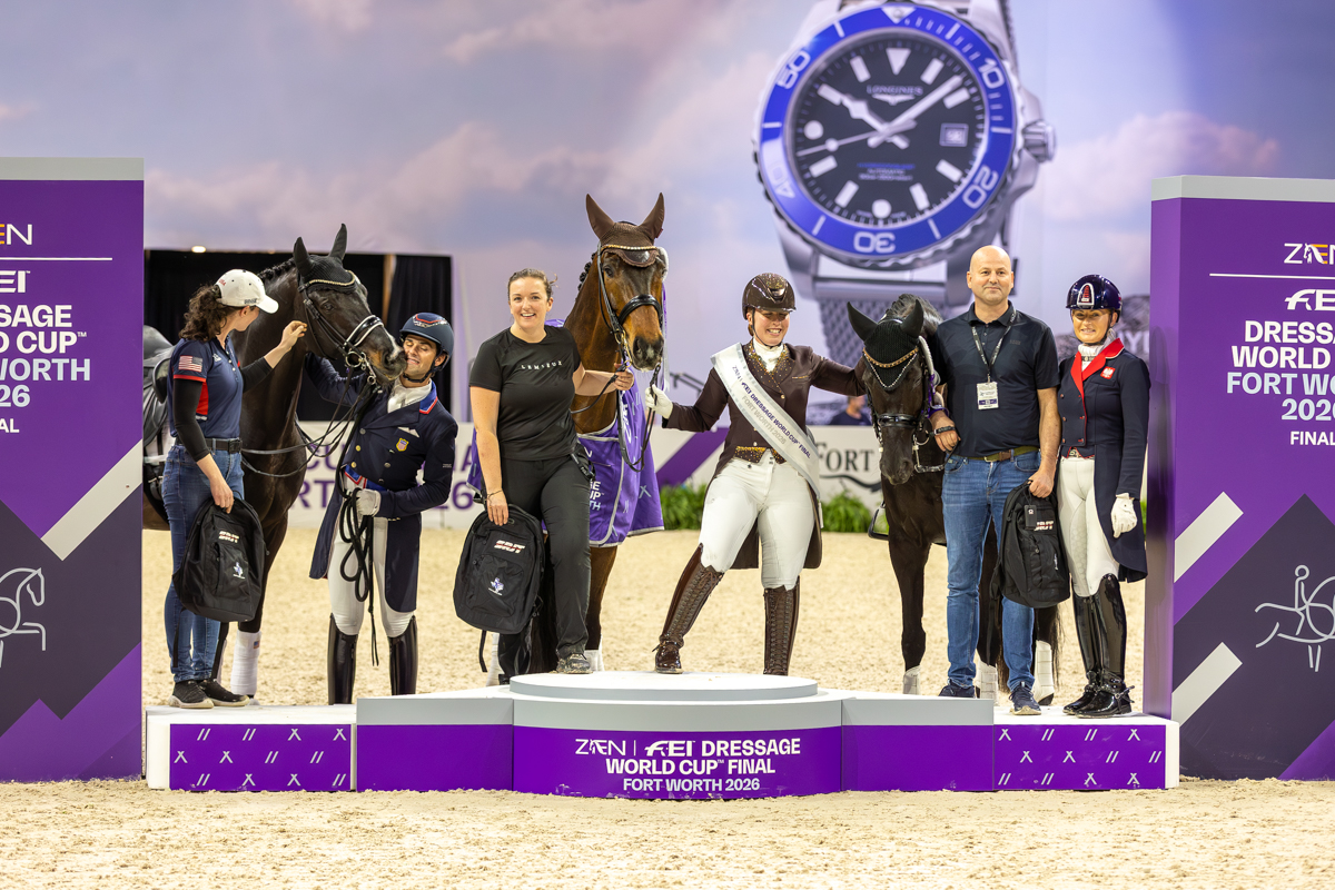 The top three finishers in the FEI Dressage World Cup Final in Fort Worth, accompanied by each horse's groom.