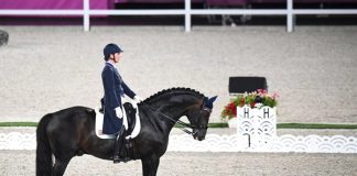 Sabine Schut-Kery and Sanceo in the Grand Prix on Day 1 of Dressage competition.