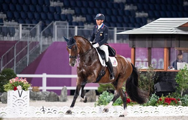 Steffen Peters and Suppenkasper at the Tokyo Olympics in the dressage Grand Prix qualifier.