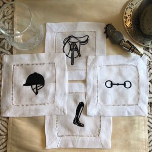 Embroidered tack room cocktail napkins for horse style entertaining. 