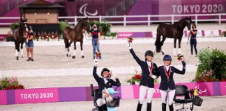 Team USA with their team bronze medal at the 2020 Tokyo Paralympics. Photo Courtesy U.S. Equestrian