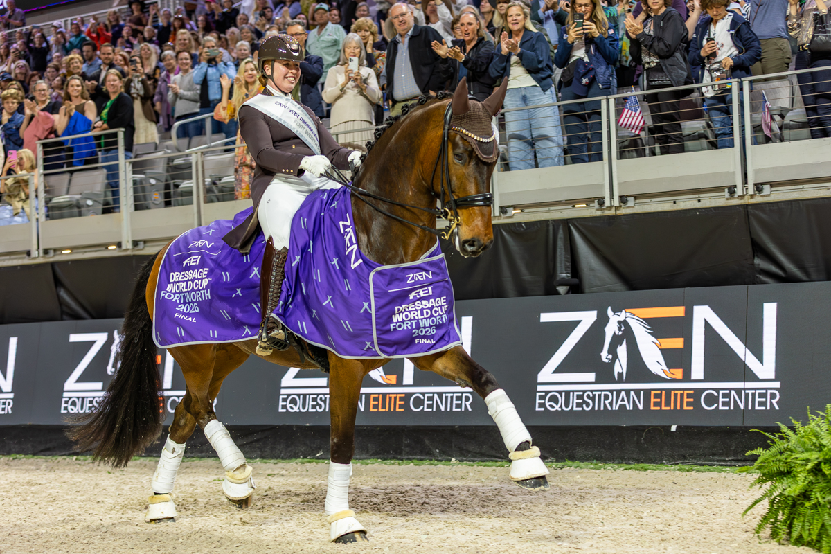 Becky Moody and Jagerbomb during their victory lap at the 2026 Fort Worth FEI World Cup Finals.